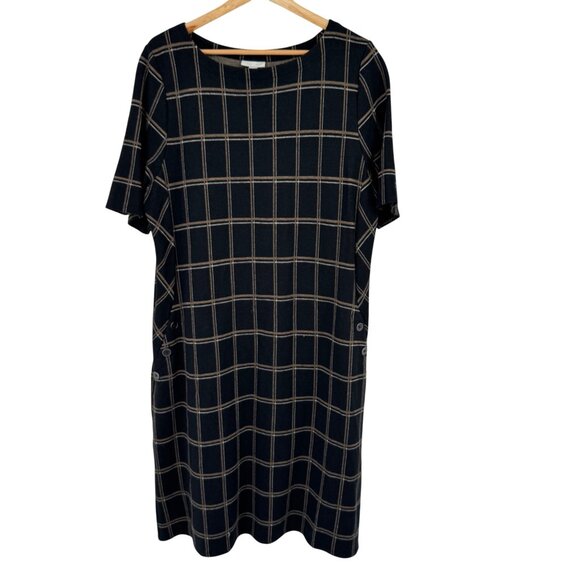J. Jill Black Tan Plaid Ponte Dress Short Sleeve size Large Womens - Picture 2 of 13